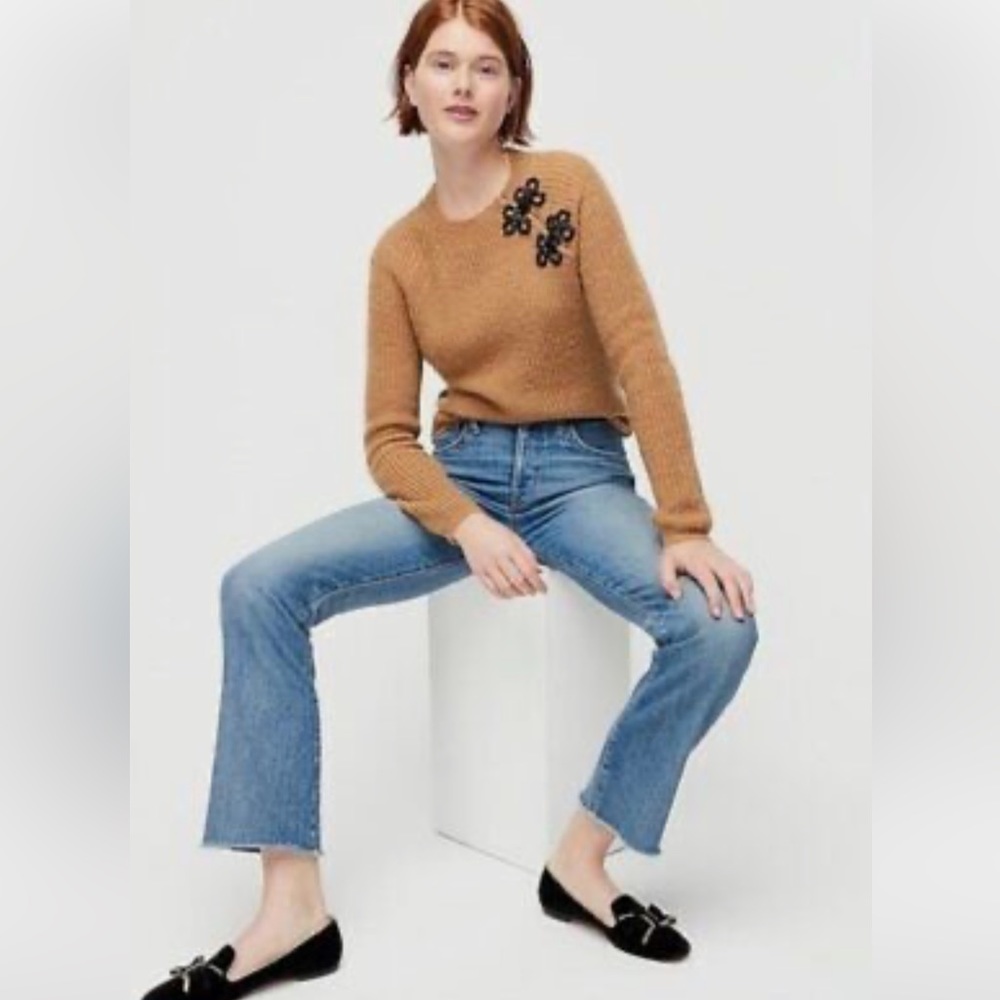 J. Crew sweater, tan alpaca and wool blend. Size M. Frog clasps black beads.